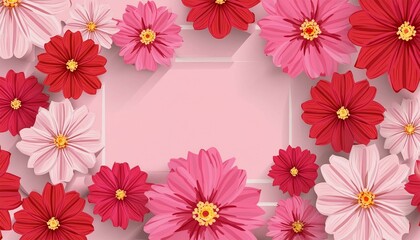 Pink and red flowers on a pink background with a pink wall in the center