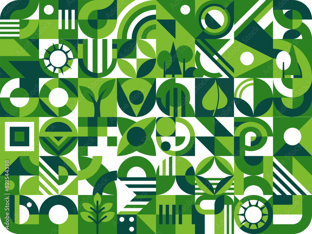 Aufkleber Green environment abstract modern geometric pattern with trees, plants and leaves. Modernism or brutalism vector pattern. Minimalism print or design collage with nature and plants abstract forms