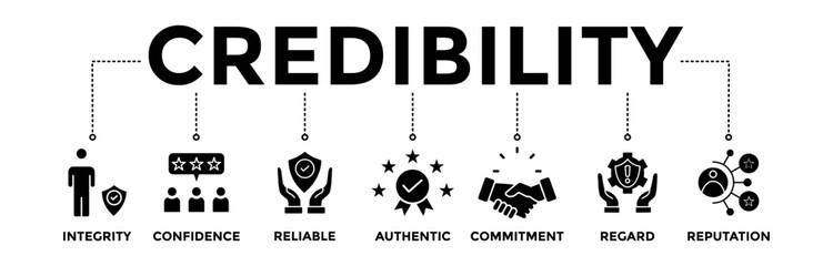 Credibility banner icons set. Vector graphic glyph style with icon of integrity, confidence, reliable, authentic, commitment, regard, and reputation	