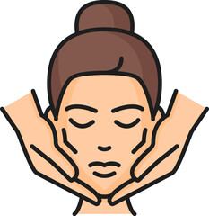 Facial massage, skincare, face care, cosmetology color line icon. Isolated vector linear sign showcasing female face and hands promoting relaxation, rejuvenation, and skincare bliss
