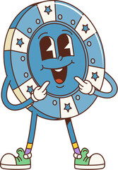 Cartoon groovy retro casino chip character with funky face smile, vector comic. Groovy funny casino poker game or wheel of fortune gamble chip with jackpot smiling face as cartoon groovy character