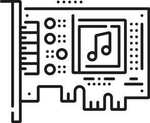 Electronics hardware, computer software, app development industry thin line icon. Computer software testing, server hardware service or repair linear vector pictogram with PC computer audio card