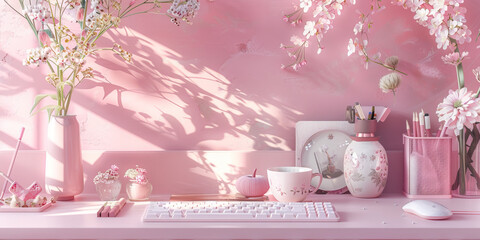 Pink Perturbation: A feminine-inspired desk setup, with soft pink accents and delicate floral details.