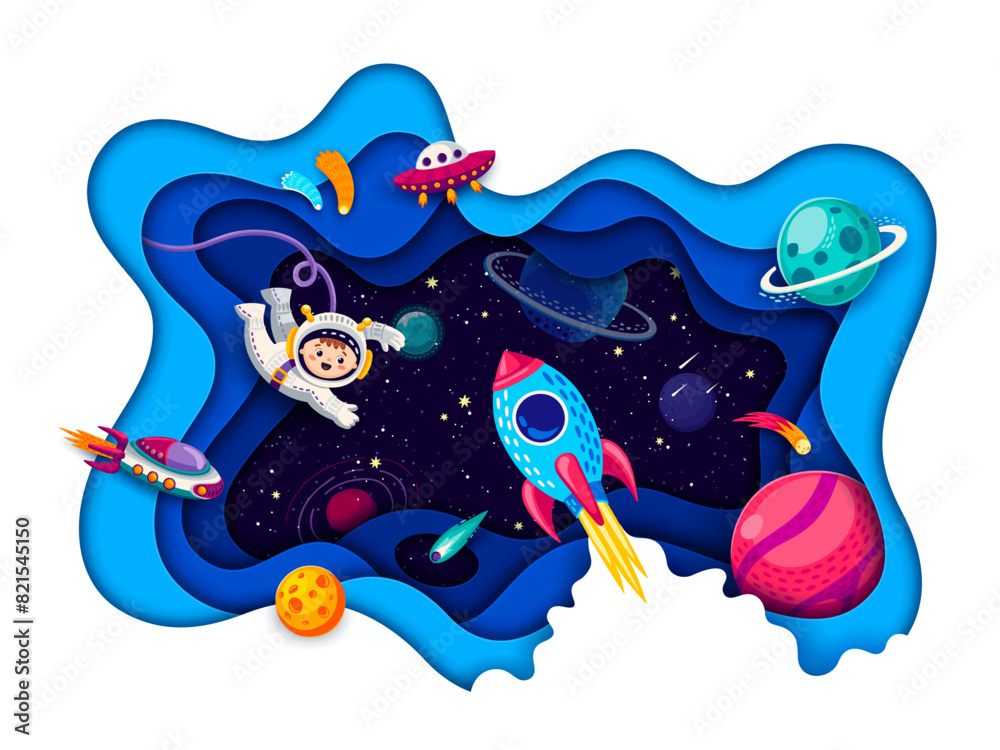 Poster cartoon kid astronaut in outer space paper cut landscape. space galaxy vector background with alien 