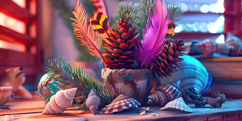 Neon Neonature: A bright and colorful collection of natural objects, such as seashells, pinecones, and feathers, arranged in a rustic vase on a wooden desk