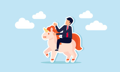Unicorn startup, successful creative idea to earn money and make real profit, concept of Smart successful businessman, company founder billionaire investor riding a unicorn rocking horse into the sky