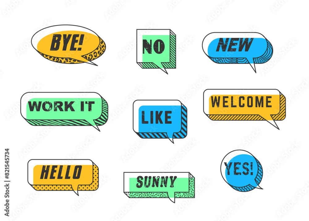 Aufkleber Memphis speech bubbles and message cloud frames, vector thin line labels. Chat speech bubbles with Memphis linear shapes and geometric pattern for Hello, Yes or No and Welcome or Like text