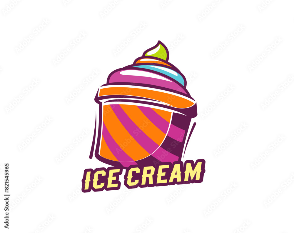 Sticker Ice cream icon for gelato dessert, gelateria sign or menu, vector emblem. Soft sundae scoop of ice cream in striped paper cup with text letters sign for Italian gelato or icecream symbol