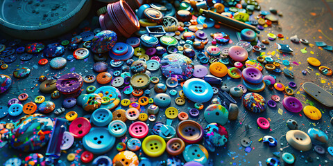 Fototapeta premium A Colorful Array of Buttons and Trinkets Spilling Over a Disheveled Workspace