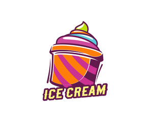 Ice cream icon for gelato dessert, gelateria sign or menu, vector emblem. Soft sundae scoop of ice cream in striped paper cup with text letters sign for Italian gelato or icecream symbol