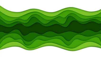 Green paper cut waves background of ecology environment, vector abstract papercut blank banner. Green nature paper cut pattern with cutout layers, eco environment and ecology conservation concept