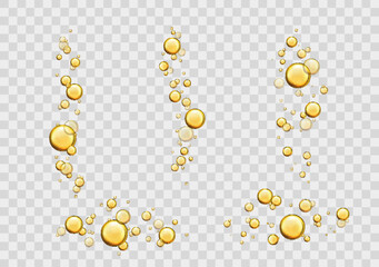 Oil bubbles, yellow liquid collagen or serum. Isolated 3d vector realistic shiny drops, gold cosmetic pills or capsules. Oily vitamin essence fizzing droplets, balls flying or floating in the air