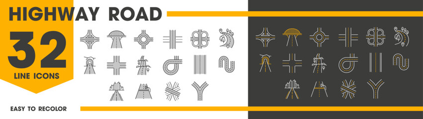 Highway road line icons, street traffic with crossroad and tunnel route, vector symbols. Street transport interchange and highway road intersection icons of traffic lanes and crossroads signs © Vector Tradition