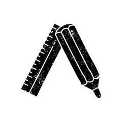Pencil and ruler black hand drawn icon in grunge look