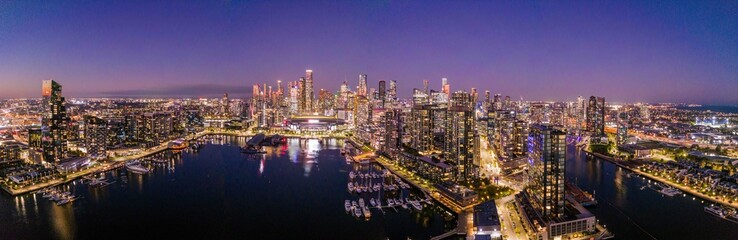 A view of the Melbourne City Skyline from the Docklands during sunset