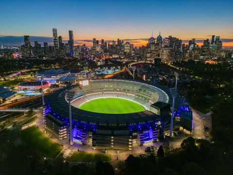 An aerial view of the Melbourne Cricket Ground during sunset