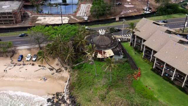 Aerial Zoom Away from Abandoned Restaurant on Kauai Near Abandoned Coco Palms