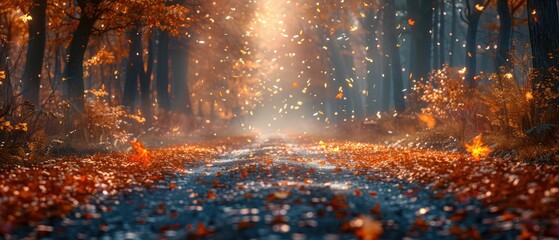 autumn alley along with tall trees with lush vibrant orange yellow foliage and bright sunlight in the distance