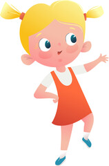 Cute little girl character design, graphic illustration of a caucasian schoolgirl showing with hand. Cartoon for preschool children, female pupil mascot. Colorful isolated vector character clip art.