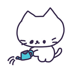 じょうろを持って水やりをしているかわいい白い色の子猫のイラスト