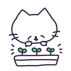 プランターの発芽した双葉とかわいい白い色の子猫のイラスト
