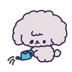 じょうろを持って水やりをしているかわいいトイプードルの子犬のイラスト