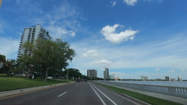 Tampa, Fl, USA: 03 31 2023: Beautiful Tampa Bayshore and bay landscape