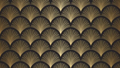 seamless golden art deco palm fan or shell line pattern vintage 1920 abstract geometric arches gold plated relief sculpture on black background