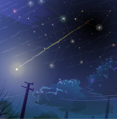 Dark night moonlight, shooting star and constellations. Colorful wallpaper of midnight starry sky with electric post silhouette. Country scenery. Vector background in watercolor style for children.