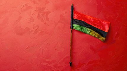 Miniature red, black, and green flag on gold pole against red textured backdrop