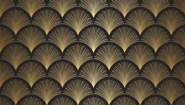 seamless golden art deco palm fan or shell line pattern vintage 1920 abstract geometric arches gold plated relief sculpture on black background