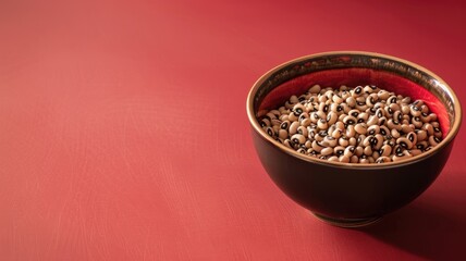 Bowl of black-eyed peas on red surface