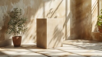 Cardboard box in a sunlit room