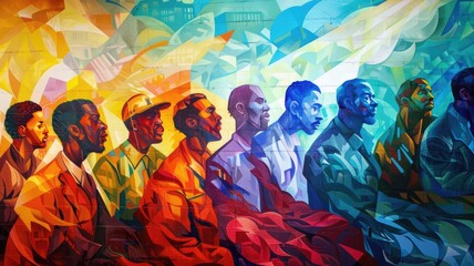 Colorful mural depicting diverse group of African American men in various attire, portraying unity and heritage