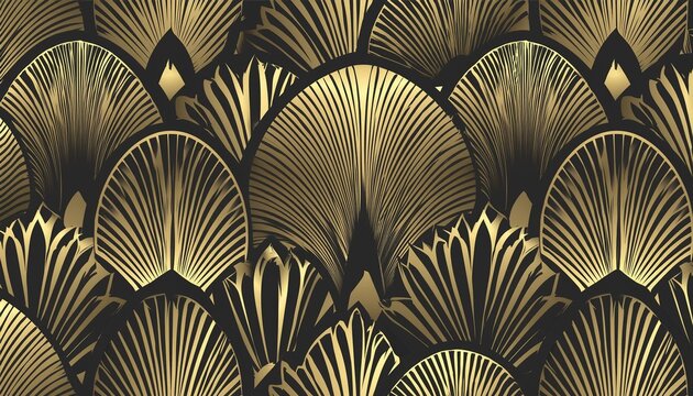 seamless golden art deco palm fan or shell line pattern vintage 1920 abstract geometric arches gold plated relief sculpture on black background