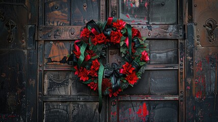 Dark metal gate adorned with festive red and green wreath