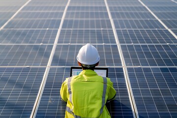 Saudi Arabian Gulf man engineer wearing a white helmet and yellow work protection jacket using a laptop and renewable solar energy stations panel background.