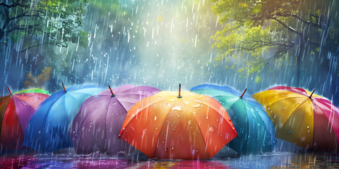 Rainbow Colored Umbrellas in the Rain