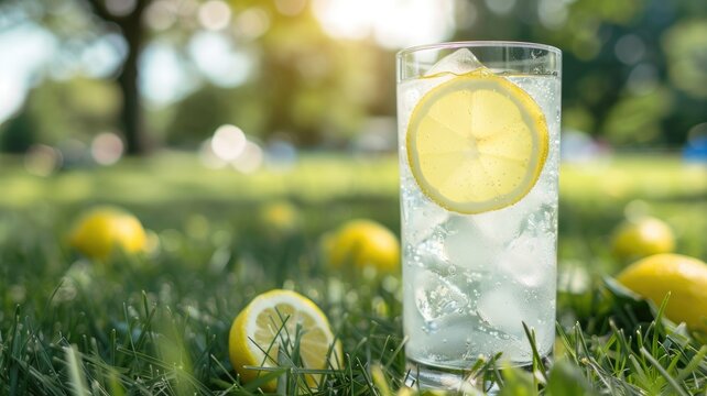 Cold lemonade with ice and lemon slices in glass, outdoors on grass