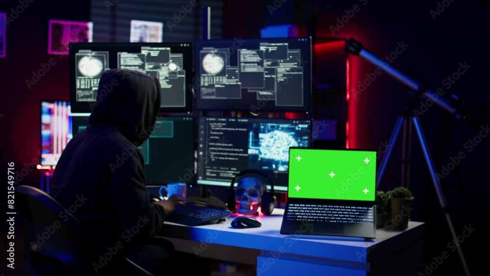 Poster green screen laptop used by hacker in underground hideout to write lines of code, developing virus t