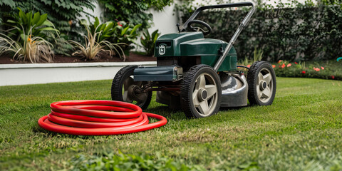 Fototapeta premium Retro Garden Essentials: A Classic Forest Green Lawn Mower in a Lush Green Lawn, with a red garden hose coiled nearby