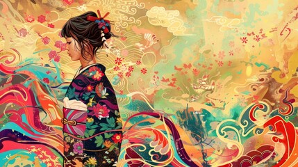 Fototapeta premium Allies, US immigration, dreamlike fantasy artwork with a colorful palette, traditional Japanese kimono patterns, SFX