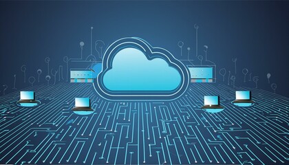 Serverless technology on hybrid cloud network with modern digital infrastructure equipment. Concept Serverless Technology, Hybrid Cloud Network, Digital Infrastructure, Modern Equipment