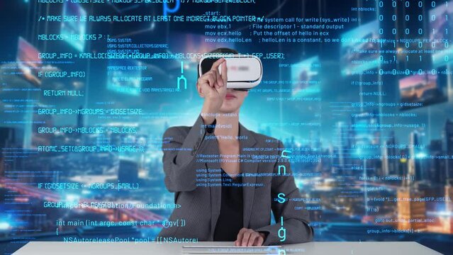 IT developer typing computer code for analyzing intelligent website development coder system data selection by VR innovation interface digital network technology visual hologram server. Contraption.