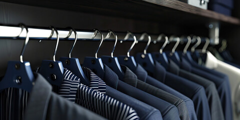 Fototapeta premium Elegant Menswear Organization: A tidy closet showcasing an array of navy blue suit hangers, neatly displaying a variety of suits and accessories.