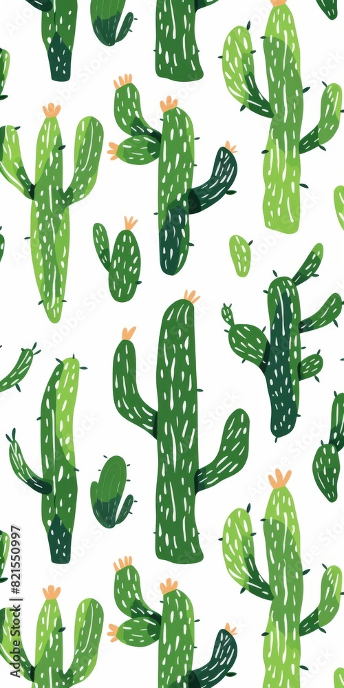 Wall mural Cute Green Cactus Design Pattern Digital Paper l Fresh Soft Color Cacti White Background Wallpaper l Watercolor Saguaro Juicy Plant in Desert Decoration 