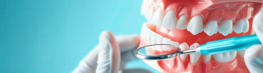 Dental treatment of teeth and dental equipment and tools for brushing or cleaning the mouth on a blue background. Shallow depth of field with focus on a closeup of a human jaw model with vampire fangs
