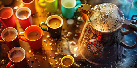 The Buzzing Caffeine Fountain: A bubbling coffee pot, surrounded by a rainbow of coffee cups and a vintage rotary dial phone