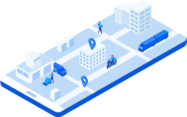 Smart logistics concept, delivery man and  shipment with truck on smart phone screen .Global transportation logistics, shipping and delivery technology