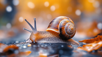 Closeup of a brown snail moving slow on the ground